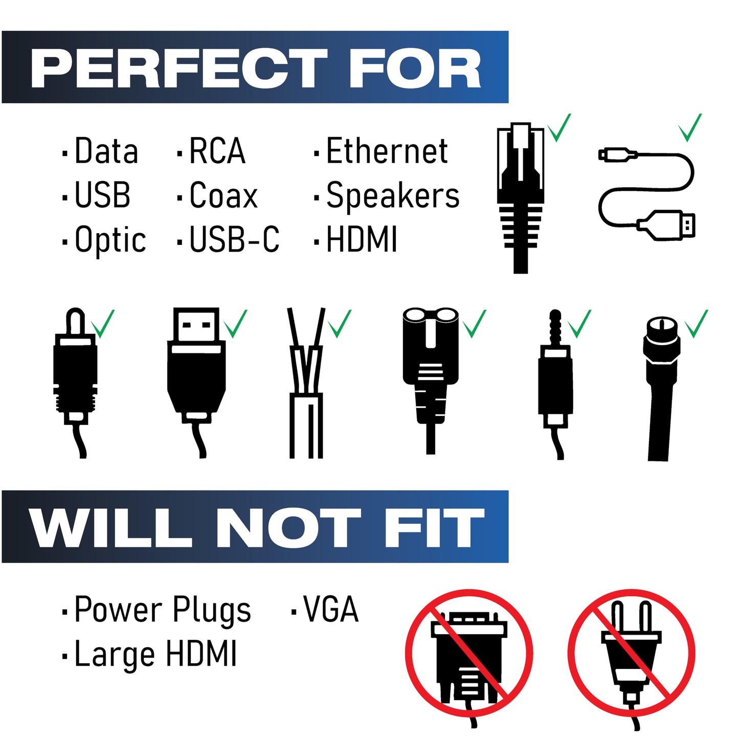 Construct Pro Speedy’Z Mini Spring-Lock Cable Pass-Through Port – Pair, Black, 1.5” Outer / 1” Inner Diameter