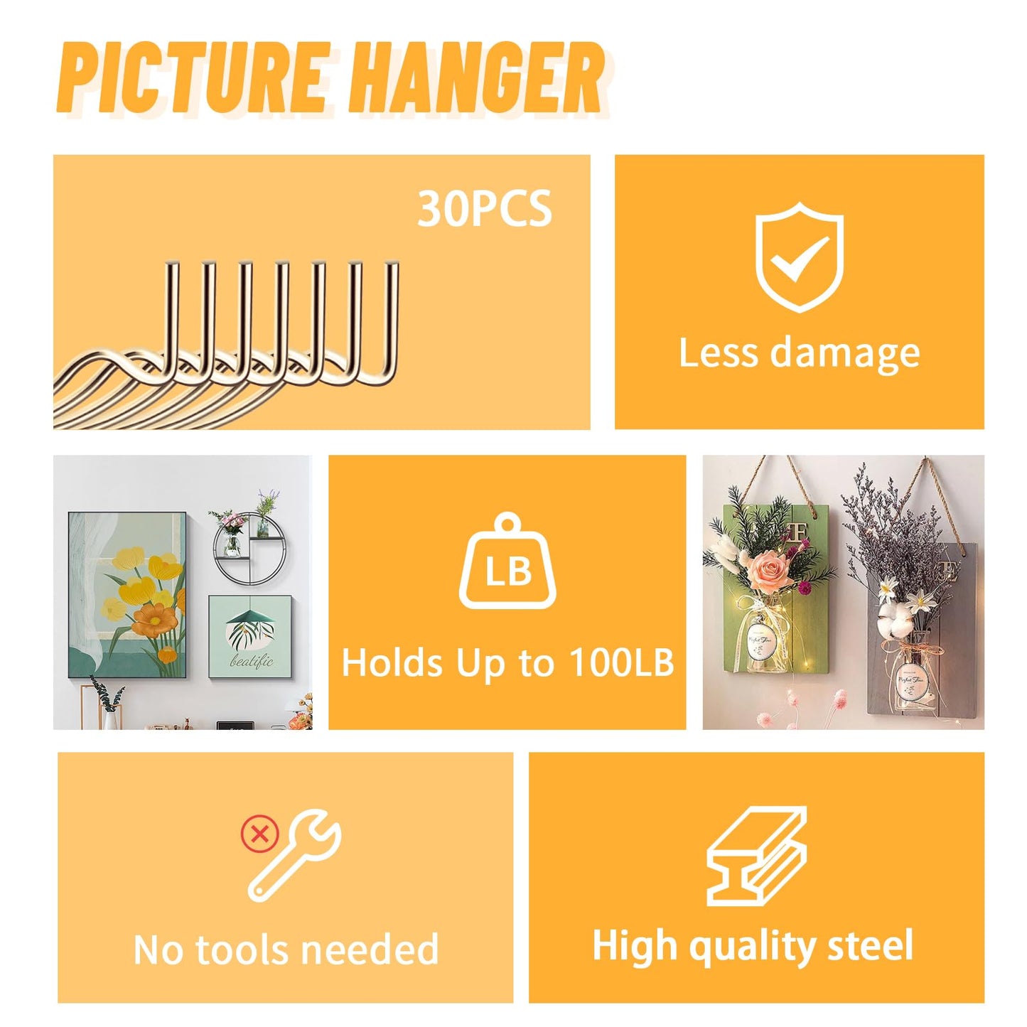 FURHUA 30pcs Aeneous Super Hook Picture Hangers and Office Pack, Drywall Hooks for Hanging Pictures, Wall Hooks, Picture Hangers, Picture Hanging Kit，Hang Art, Clock, Shelves, Mirrors