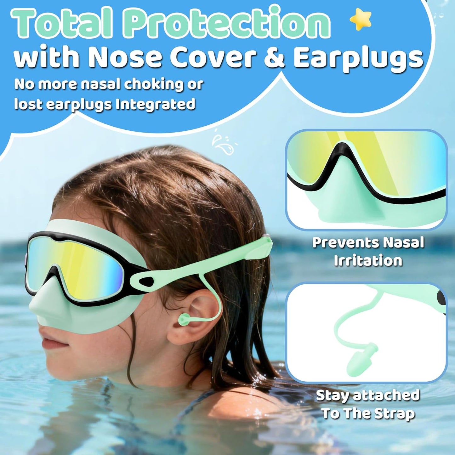 Vvinca Kids Swim Goggles - Anti-Fog Wide View with Nose Cover & Earplugs | Ages 3-12