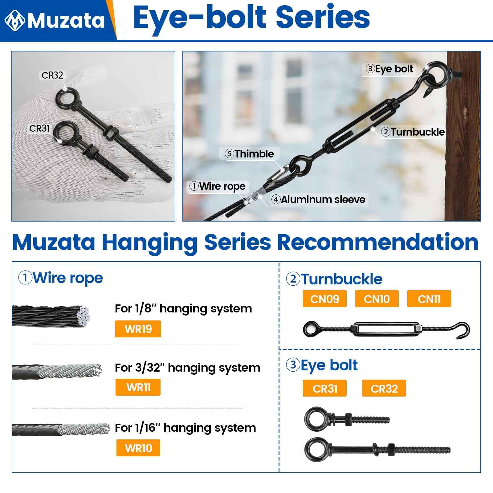 Muzata 10 Pack 1/4" x 3" Black Eye Bolt with Nuts T316 Stainless Steel Eye Bolts Heavy Duty Threaded Eyebolts Shoulder Lifting Ring Marine Grade UNC-3A CR31