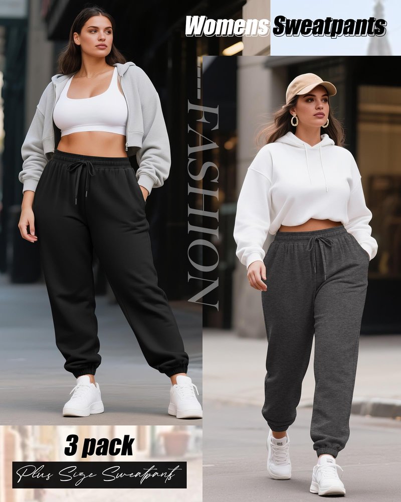 Evervibe 3 Pack Women's Plus Size Joggers, Drawstring Loose Fit Sweatpants Comfy Casual Lounge Pants with Pockets(Black, Dark Gray, Navy Blue,3X-Large)