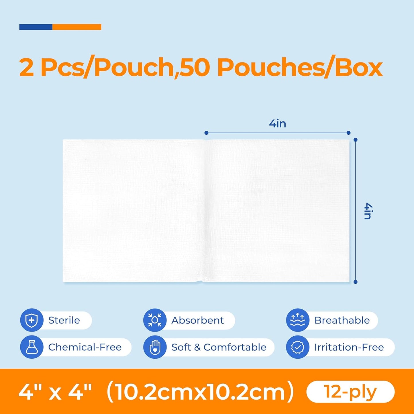 Regine Switzerland 100% Cotton Sterile Gauze Pads - Highly Absorbent 4x4 Inch, 12-Ply for Wound Care