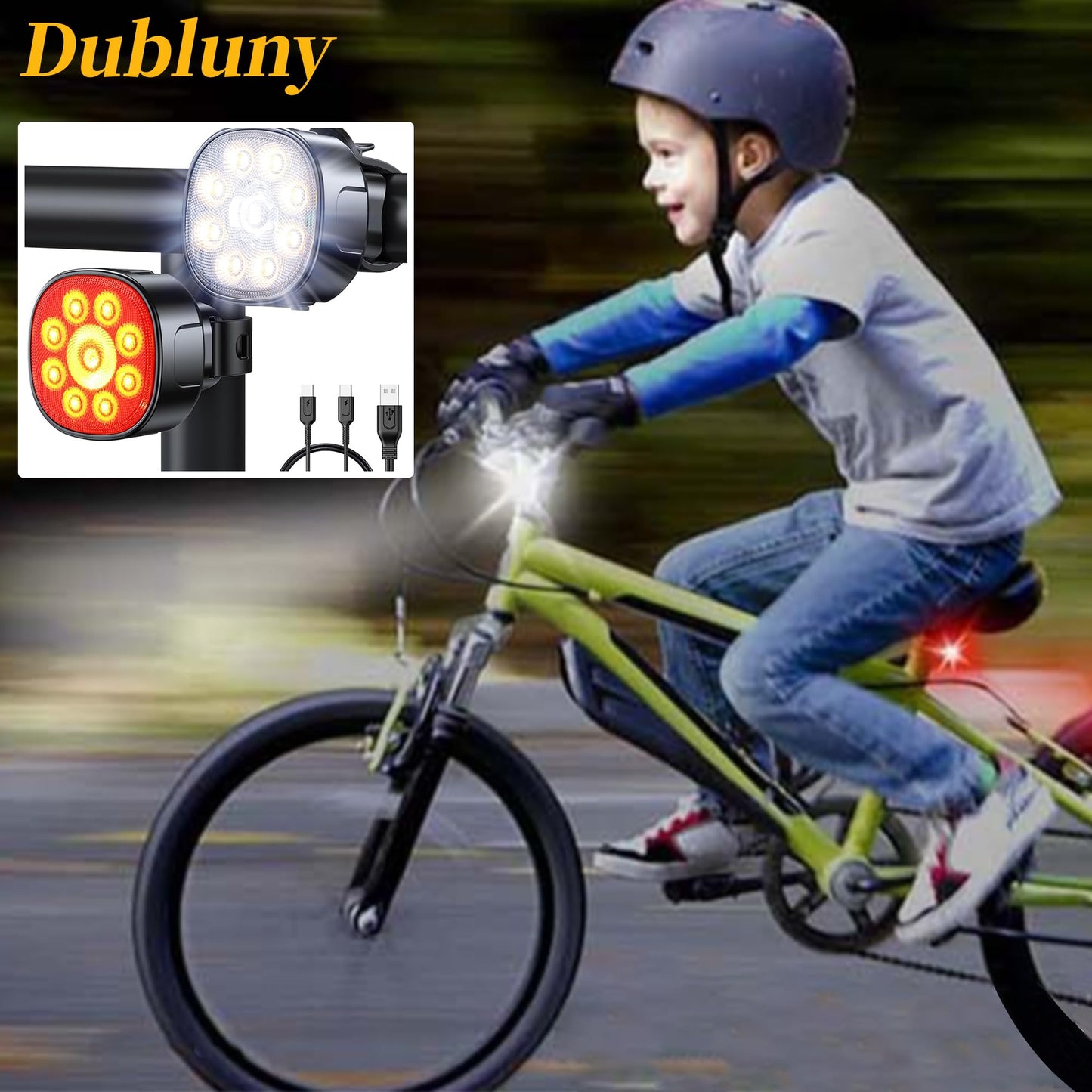 Dubluny Bike Lights Front and Back for Night Riding Safety,Super Bright Headlight and Red Rear Tail,IP65 Waterproof USB Charging,with 8 Ultra-Bright LED Beads 8+7 Lighting Modes for All Road Bicycle