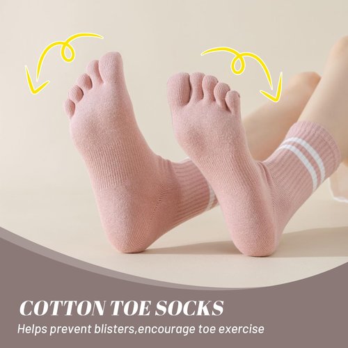 Toe Socks Women Five Fingers Crew Socks for Running Athletic Hiking Comfort Toe Separator Barefoot Sock 4 Pairs Pink White Black Grey