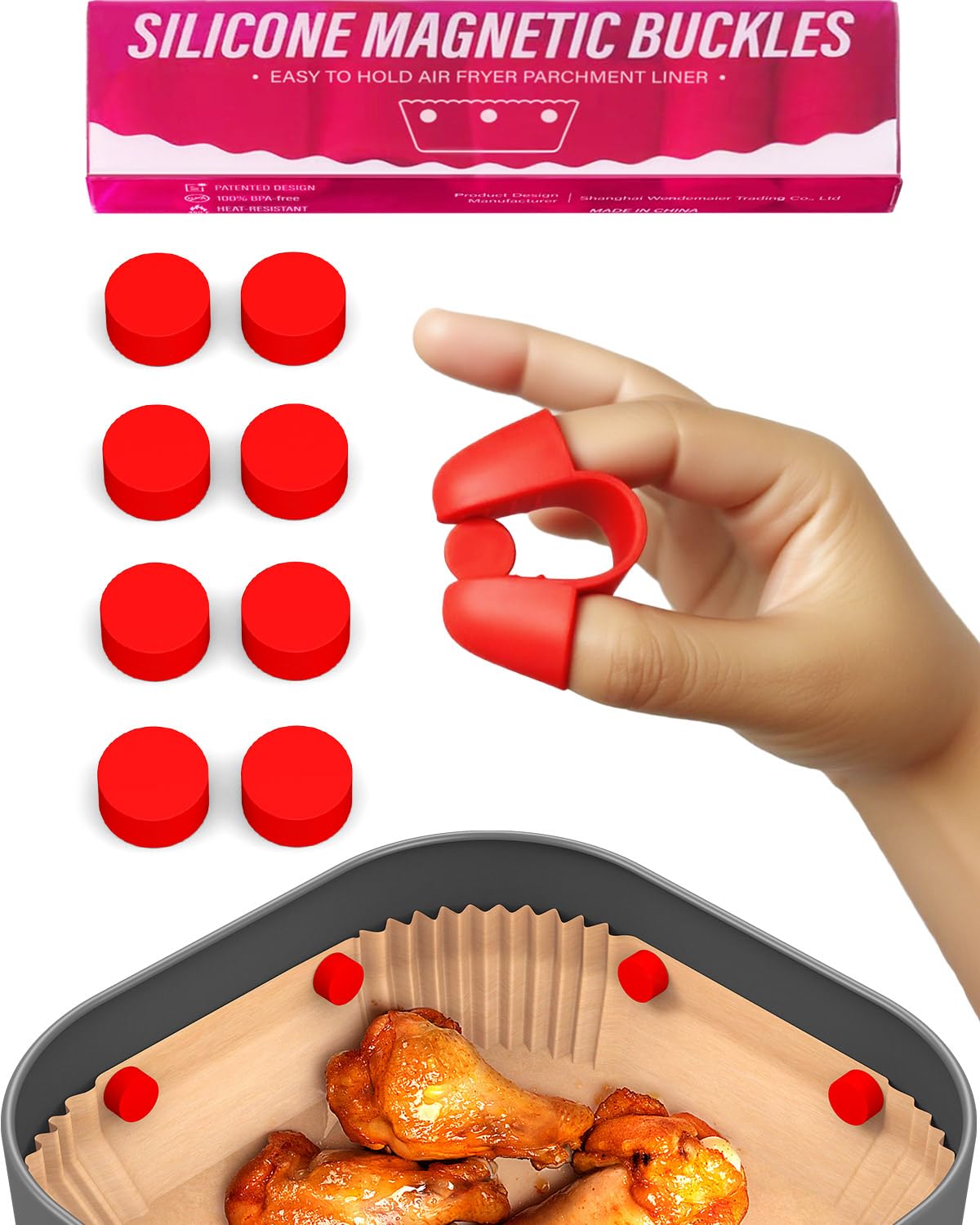 WM infinite Air Fryer Magnet Silicone Buckles 2 (9 Pack), Hold Parchment Paper Liners, Prevents Paper From Blowing Up and Covering Food, Super Strong Samarium Cobalt Magnet (8+1 Upgraded)