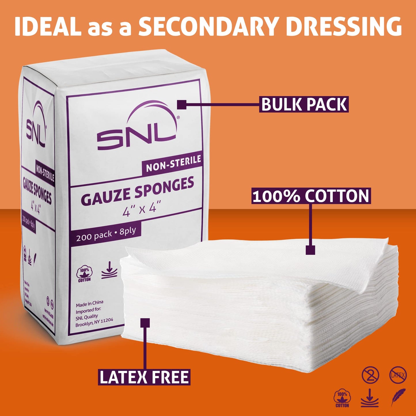 All-Purpose Gauze - 4" X 4" - Box of 400 - by SNL Quality, Non-Sterile, Latex Free, Gauze Sponge Pads, 8 Ply - (2x 200 Packs Inside), Ideal for First Aid, Beauty Applicator, Absorbent Dressing Bandage