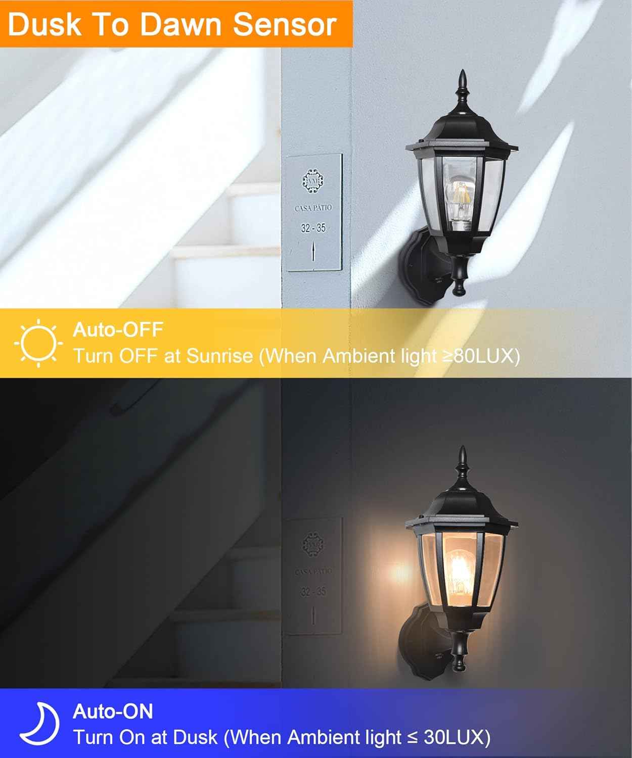 Outdoor Wall Light with Dusk to Dawn Sensor - 2-Pack LED Lanterns for Porch & Garage