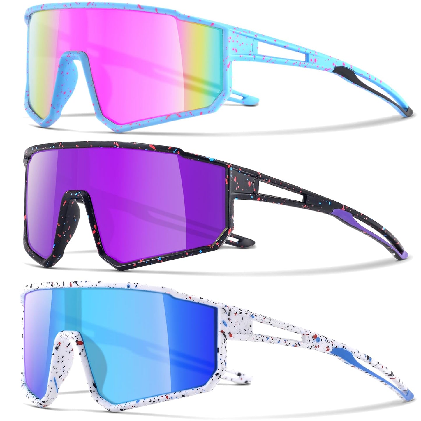 CMBJJU 3PACK Kids Sunglasses,Youth Baseball Glasses,Cycling Goggles for 6-14 Boys Girls,UV400 Protection (3pcs-Blue Pink+Black Purple+White Blue-K05)