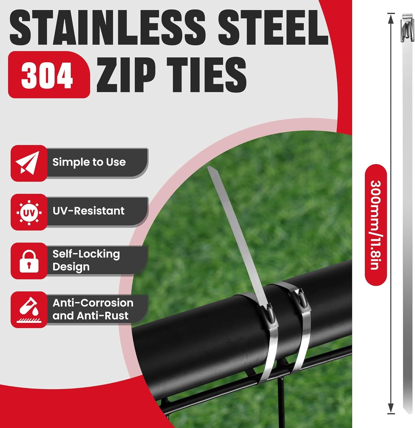 Heavy Duty Stainless Steel Cable Tie Gun Kit - 100PCS 11.8" Zip Ties, 200LBS Strength, UV Resistant for Fencing & Industrial Use