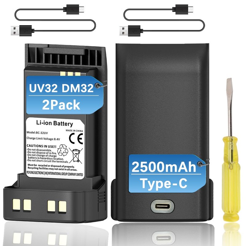 BAOFENG DM32 UV32 Battery High Capacity Replacement 2500mAh Battery with USB-C Charging Cable for Ham Radio Compatible DM-32UV UV-32 Series Two-Way Radio Walkie Talkies Accessories,2Pack