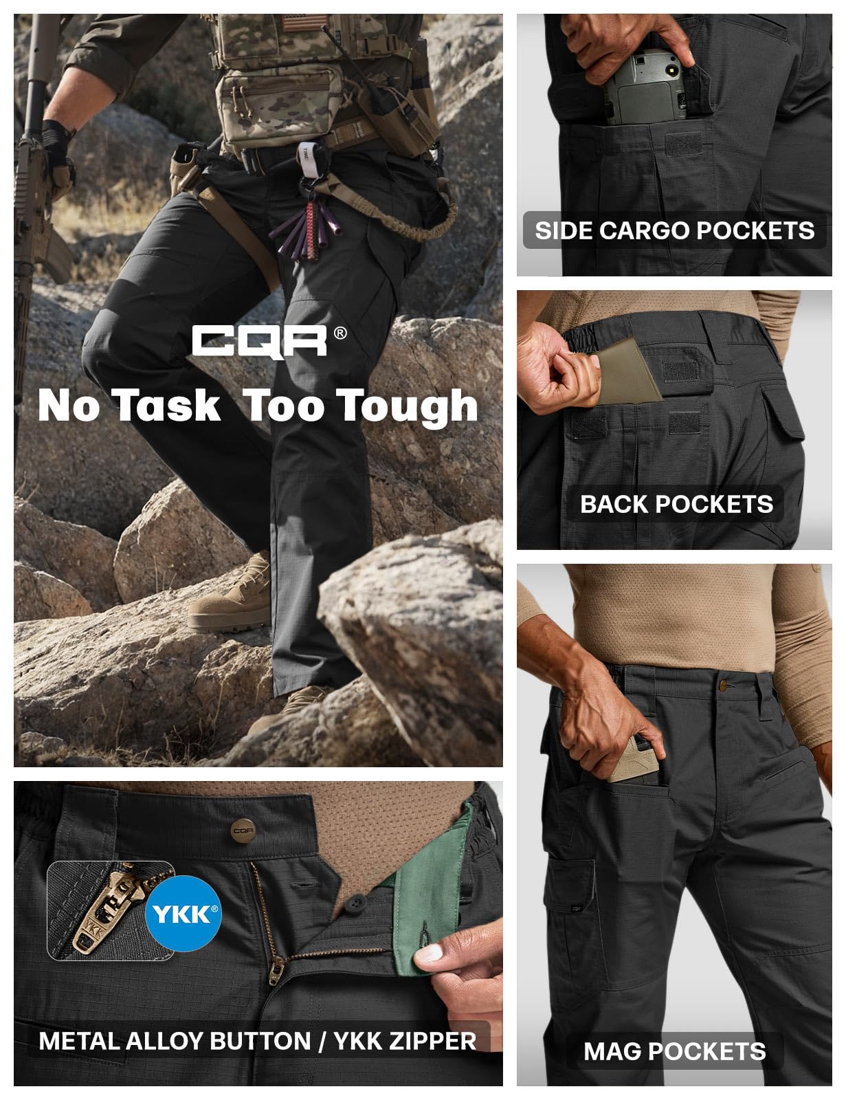 CQR Men's Tactical Pants, Water Resistant Ripstop Cargo Pants, Lightweight EDC Work Hiking Pants, Outdoor Apparel, Raider Black, 44W x 32L