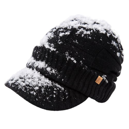 TOP-EX DryKnit™ Black Waterproof Wool Blend Beanie with Brim Fleece Lined Winter Cap for Men Women Hiking Cold Weather M/L