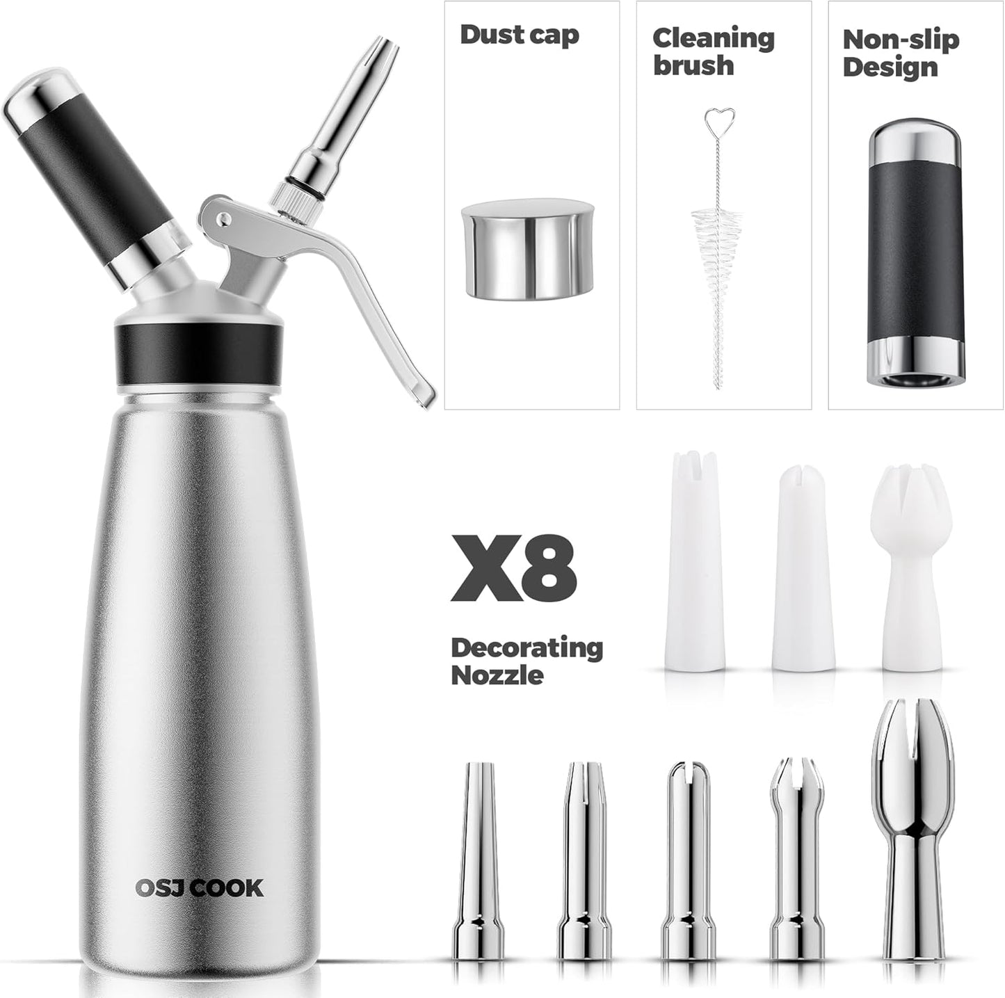 Skiennix Professional Aluminum Whipped Cream Dispenser - Leak-Free 500 mL Canister with 8 Nozzles & Brush