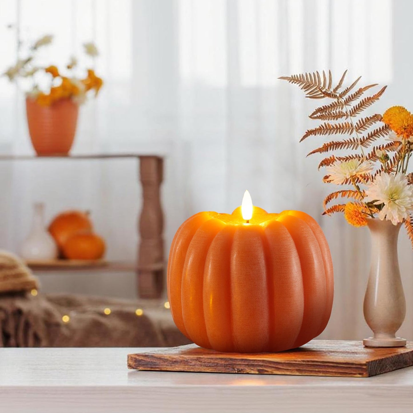 Velsyn Fall Decorations for Home, Flickering Flameless Wax Pumpkin LED Candle with Timer Remote Control, Thanksgiving Gifts, Autumn Farmhouse Rustic Harvest Decor for Tiered Tray Table Indoor (Orange)