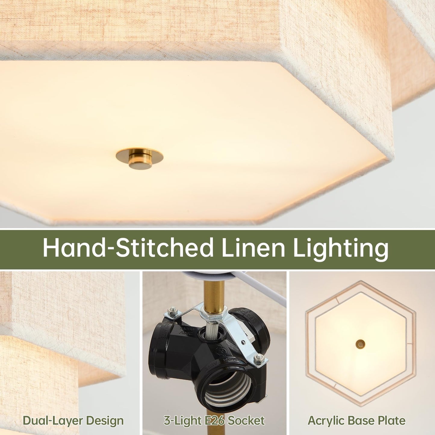 InterMaka Modern Semi Flush Mount Ceiling Light 15.7" Boho Light Fixture with Linen Shade, Double Drum 3-Light Entryway Pendant Light, Close to Ceiling Light Fixtures for Living Room Bedroom Nursery