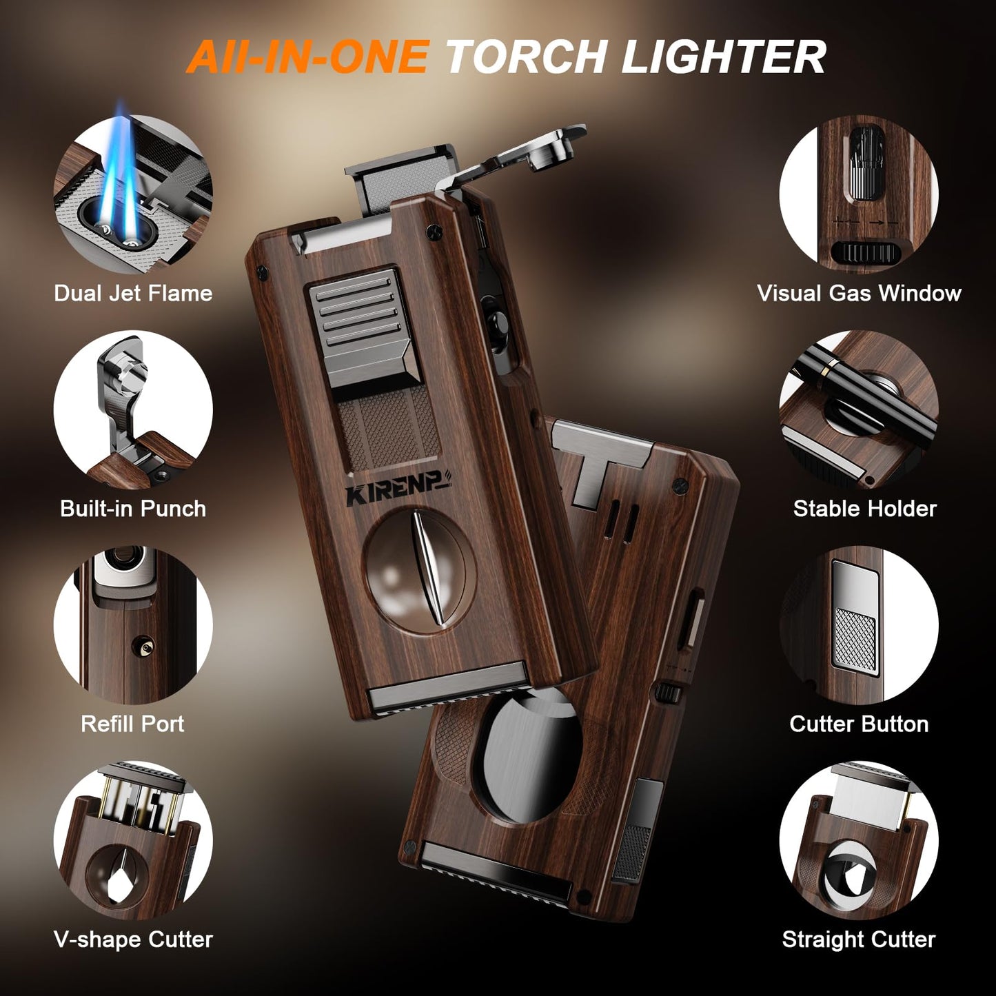 5-in-1 Multi-Torch Lighter with Dual Jet Flames, Auto-Pop Straight & V-Shape Shear, Punch, Holder, with Gift Box for Men, Refillable Butane Cool Lighters for Candle, Camping, Travel