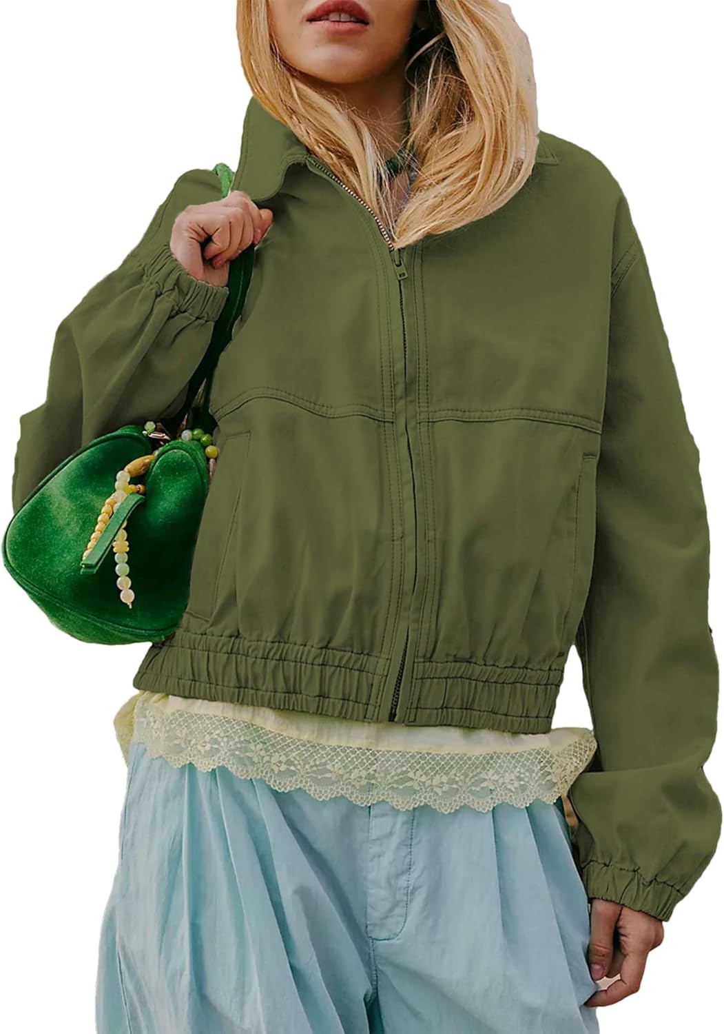 Zontroldy Women's Cropped Track Jacket - Long Sleeve Zip-Up Utility Coat with Pockets