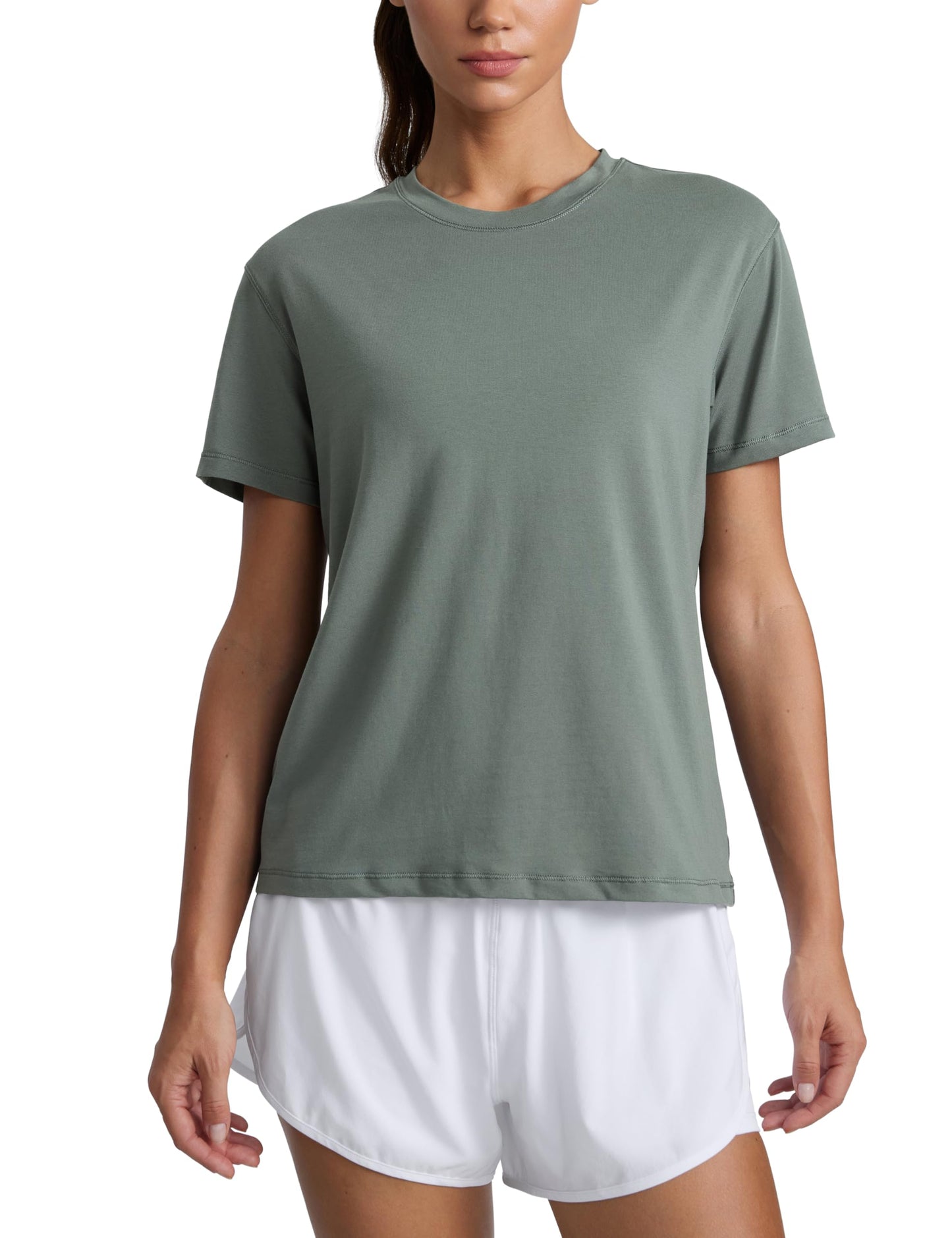 CRZ YOGA Cotton-Blend Crewneck Tops for Women - Workout Gym Athletic Casual Short Sleeve Shirts Quick Dry Basic T-Shirt Grey Sage Medium