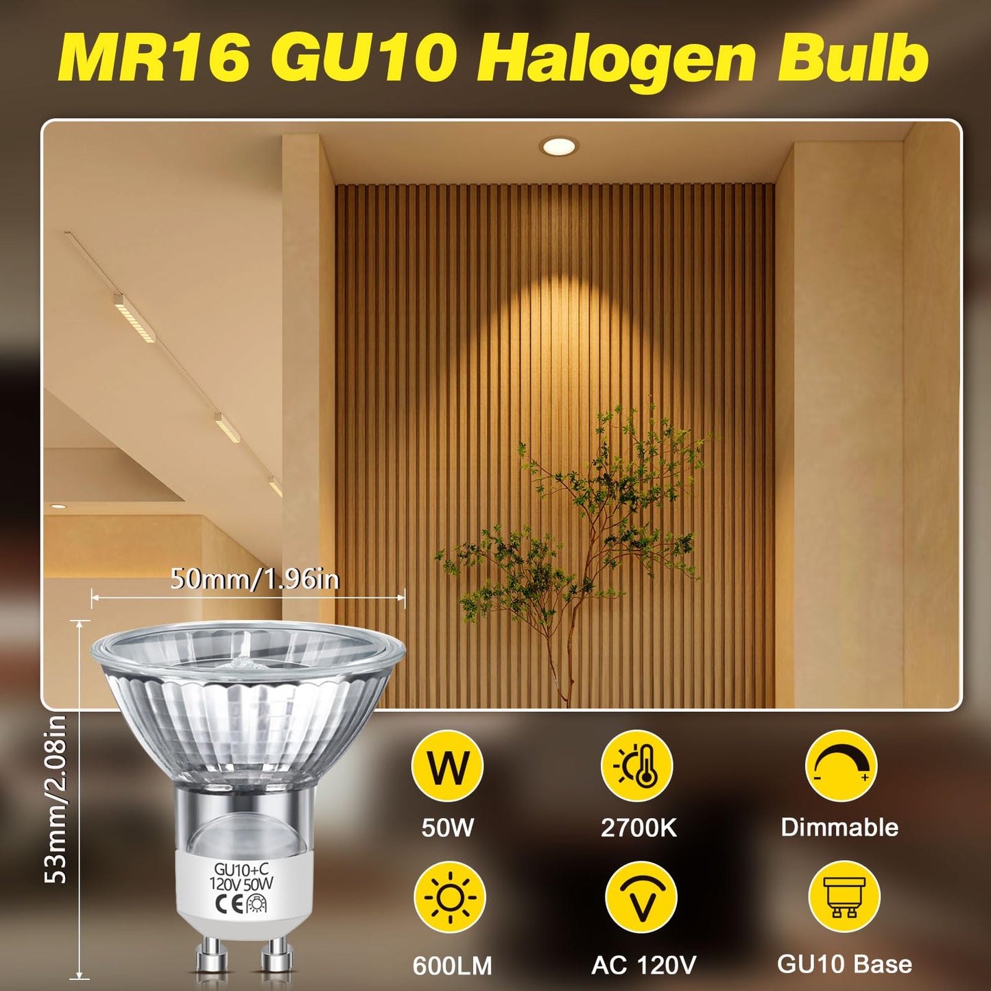 GU10 Halogen Bulb, 120V 50W Halogen Light Bulbs for Candle Warmer Lamp, Dimmable, 2700K Warm White, MR16 with Glass Cover for Track Lighting, Range Hood Lighting, 6 Pack