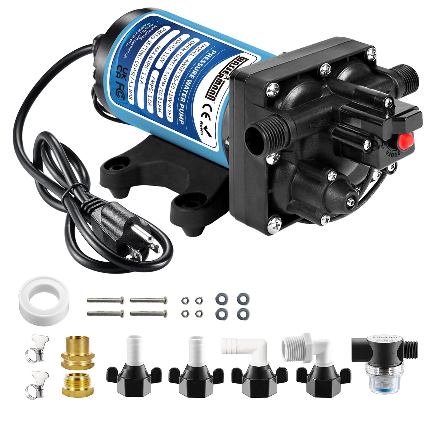 WASSERMANN 115V AC Fresh Water Pressure Booster Pump, 5.5 GPM 60 PSI,Self-Priming Diaphragm Pump with 8.2 FT Power Cord & Plug, Pressure Switch, for Garden Kitchen Bathroom RV Marine Camper, 1/2" NPSM