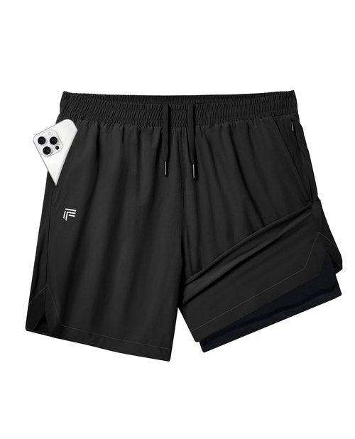 FOGFIRE Running Shorts for Men 2 in 1 Linner Quick Dry Athletic Gym Workout Tennis Shorts with Phone Pockets-Black M