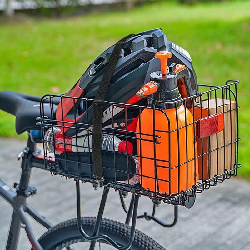 Rear Bike Basket,Bike Rack Basket,Folding Rear Bike Basket, Quickly Detachable Metal Bicycle Rack Cargo Basket with Strap & Reflective Tail Light for Most Mounted Bike Racks