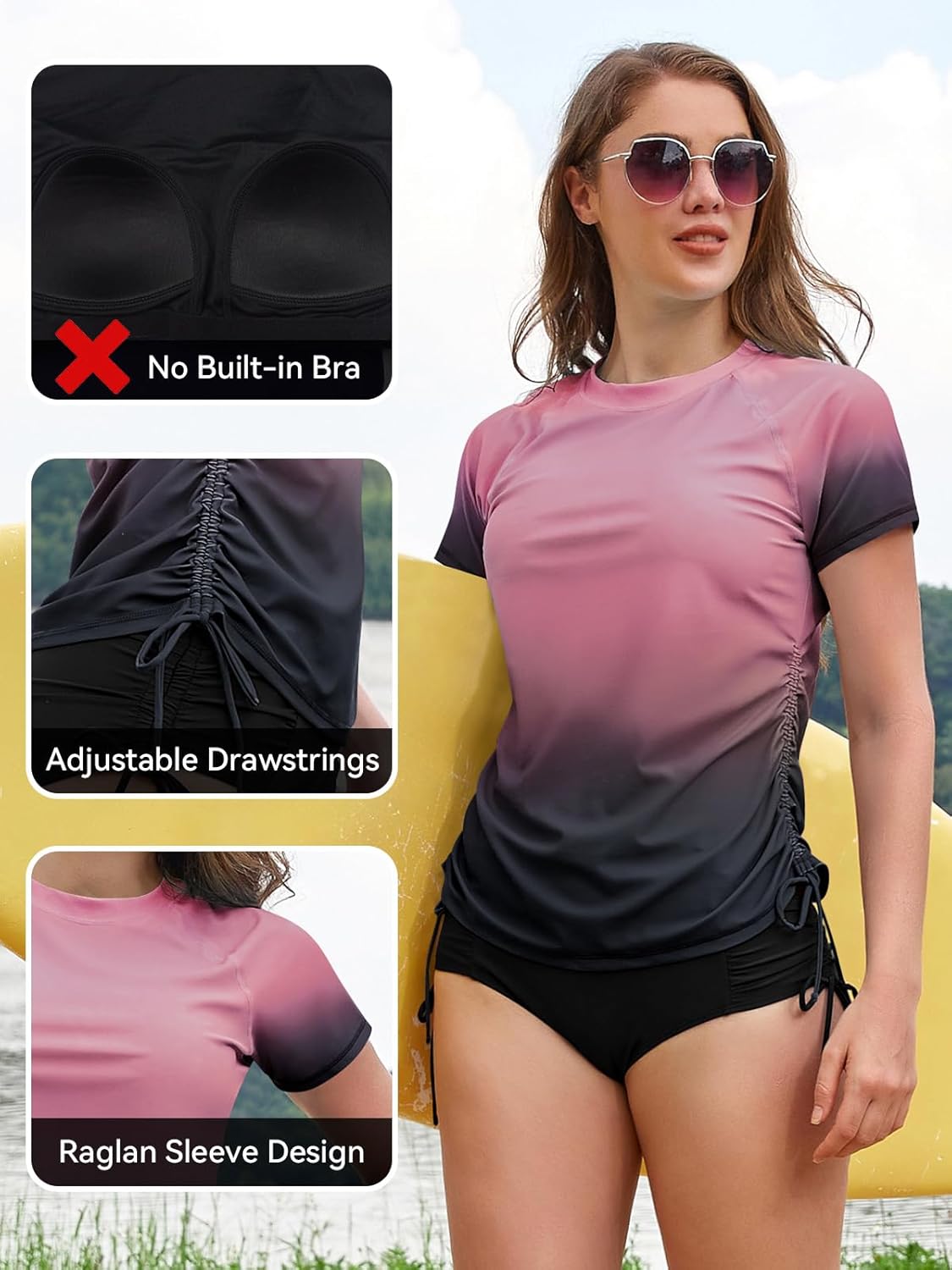 Shekini Women's Swim Shirt - UPF 50+ Short Sleeve Rash Guard with UV Sun Protection | Adjustable Tie