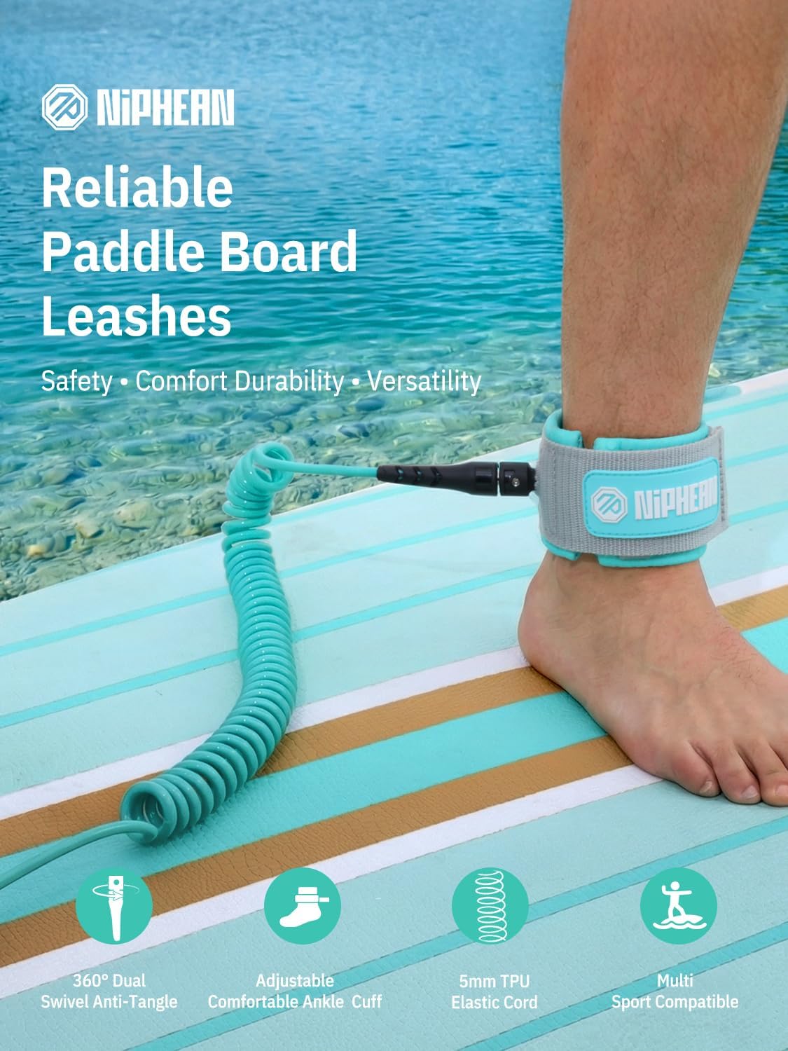 Niphean Paddle Board Leash - 3-10ft Coiled Elastic Ankle Strap | Durable, Tangle-Free & Adjustable for SUP, Surf, Bodyboard