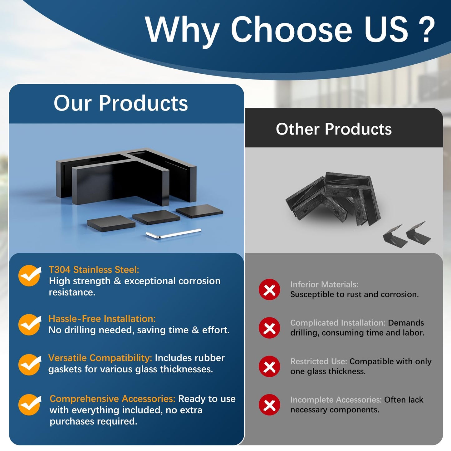 Gyykzz 8 Pack Black 90 Degree Railing Glass to Glass Clamp No Drilled Required, T304 Railing Clip Fit for 3/8"-1/2"(10mm-13mm) Thinkness Balustrade, Double Sided Bracket Holder for Fence, Balcony Deck