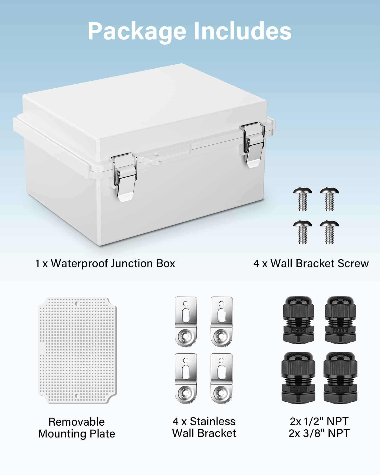 Waterproof Junction Box ABS Plastic, Outdoor Electrical Box IP67 Hinged Cover Project Box with Mounting Plate Wall Brackets and 2 Cable Glands, Grey Electrical Enclosure 8.7"x6.7"x4.3"