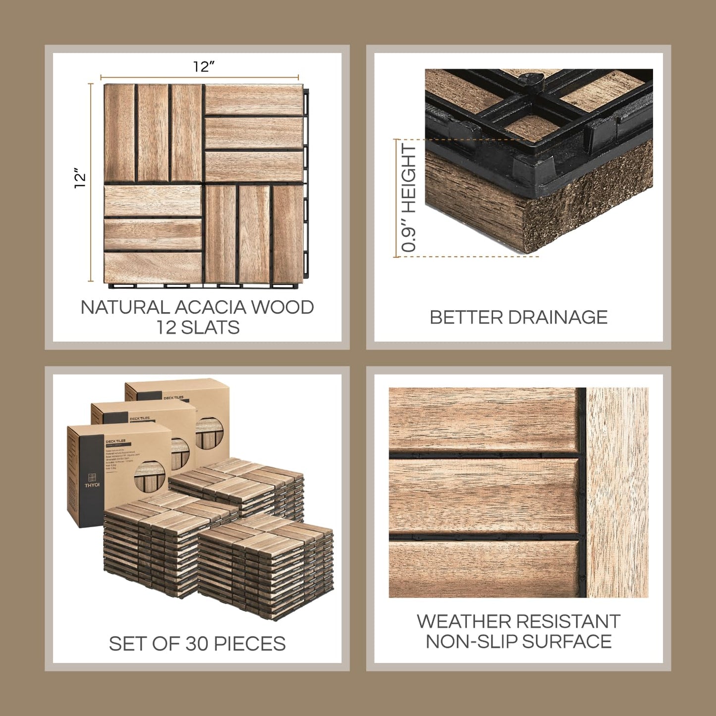 Outdoor Waterproof Acacia Wood Deck Tiles - 10 Pcs Patio Flooring for All Weather Use