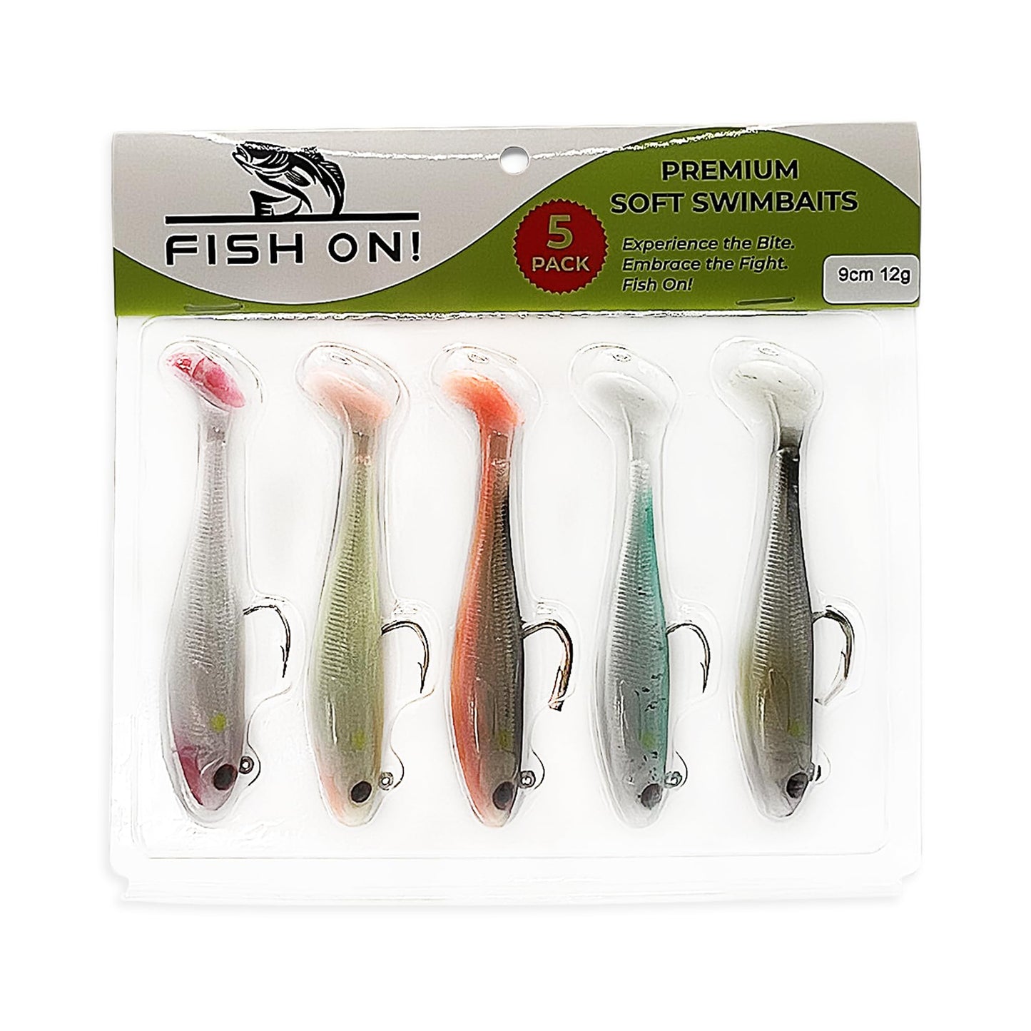 Fish On Tackle 3 1/2" Pre-Rigged Jig Head Fishing Lures Pack of 5 - Soft Plastic Paddle Tail Swimbait with Hook for Freshwater and Saltwater