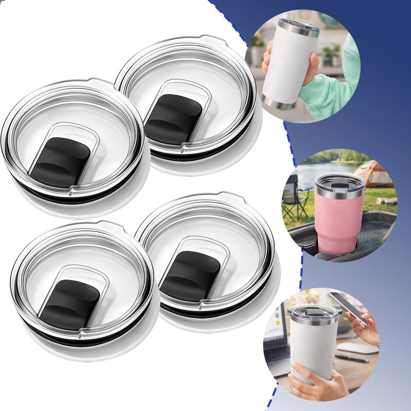 AZJCKEW 4 Pack Tumbler Lids Compatible with 20oz Yeti Rambler, 16oz Pints, 10oz/24oz Mugs, 10oz Lowball – Spill Proof Magnetic Slider Lid Replacement, Clear BPA-Free Cup Cover