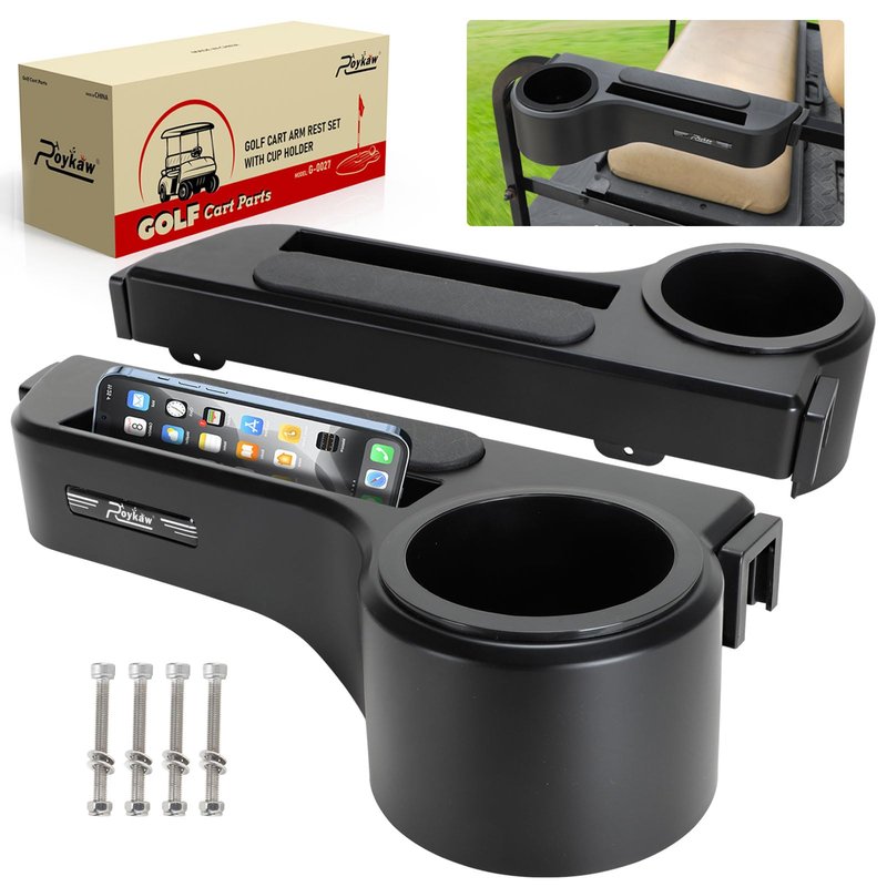Roykaw Golf Cart Armrest with Cup Holder Compatible with EZGO/Club Car/Yamaha & Most Brand, Universal Golf Cart Rear Seat Arm Rests with Phone Holder, No Drilling, Fit 1.0"/1-1/4" Square Frame