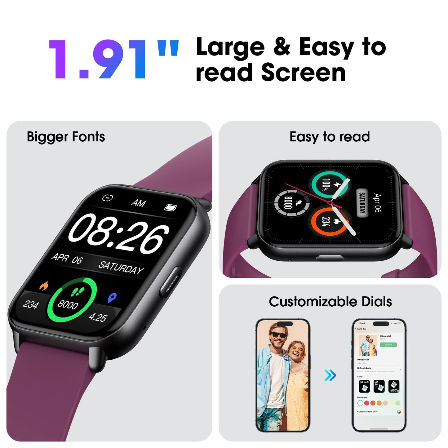 Smart Watch for Men Women, 1.91'' Big Font No App/Phone Required, Fitness Tracker with Pedometer, Bluetooth Call (Answer/Make Call), Heart Rate Blood Oxygen Monitor Step Counter, 100+ Sports Modes