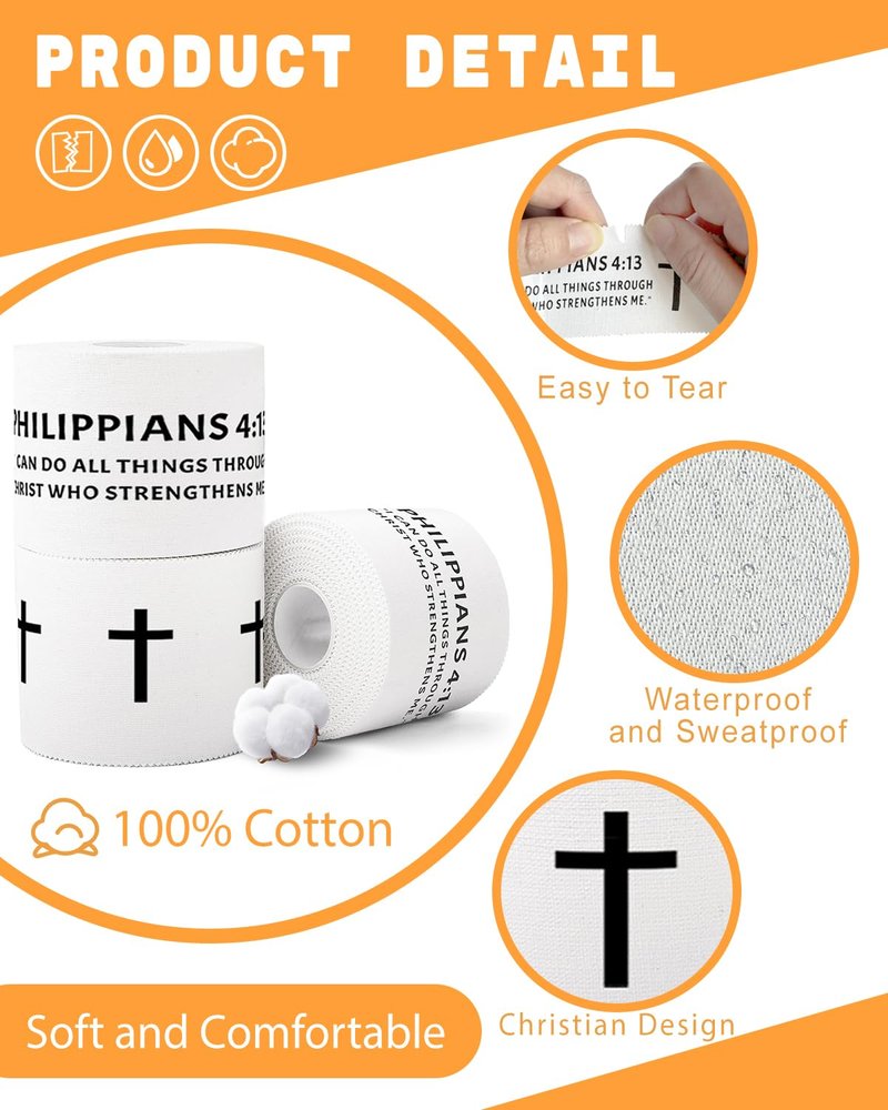 Yigney 4 Pack Christian Athletic Tapes Religious Sport Tape Bible Verse Wrist Tape Cross White Tape for Sports Gymnastics Tennis 2IN X 23FT