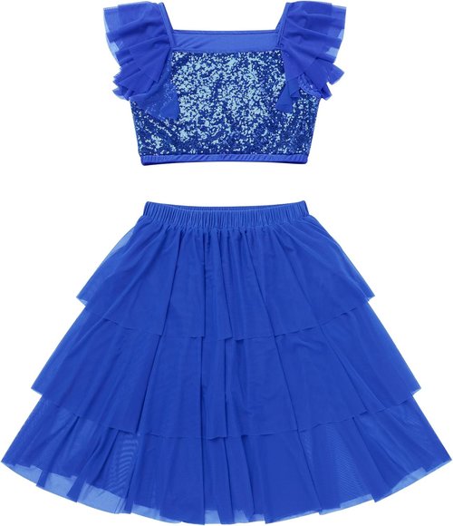 Lyrical Dance Dress - Sparkly Sequins Crop Top with Tiered Chiffon Midi Skirt | Women's Contemporary Outfit