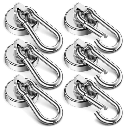 VNDUEEY Strong Magnetic Hooks, 6 Pack 70Lbs Neodymium Grade-52 Magnet Hooks Heavy Duty, Magnets with Swivel Carabiner Hook for Hanging, Cruise, Garage, Refrigerator, Kitchen, Office, Home