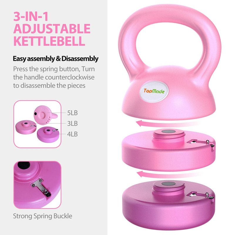 TopMade Adjustable Kettlebell Weights Set Cast Iron Exercise Fitness Kettle Ball Grip (Pink-12lb)