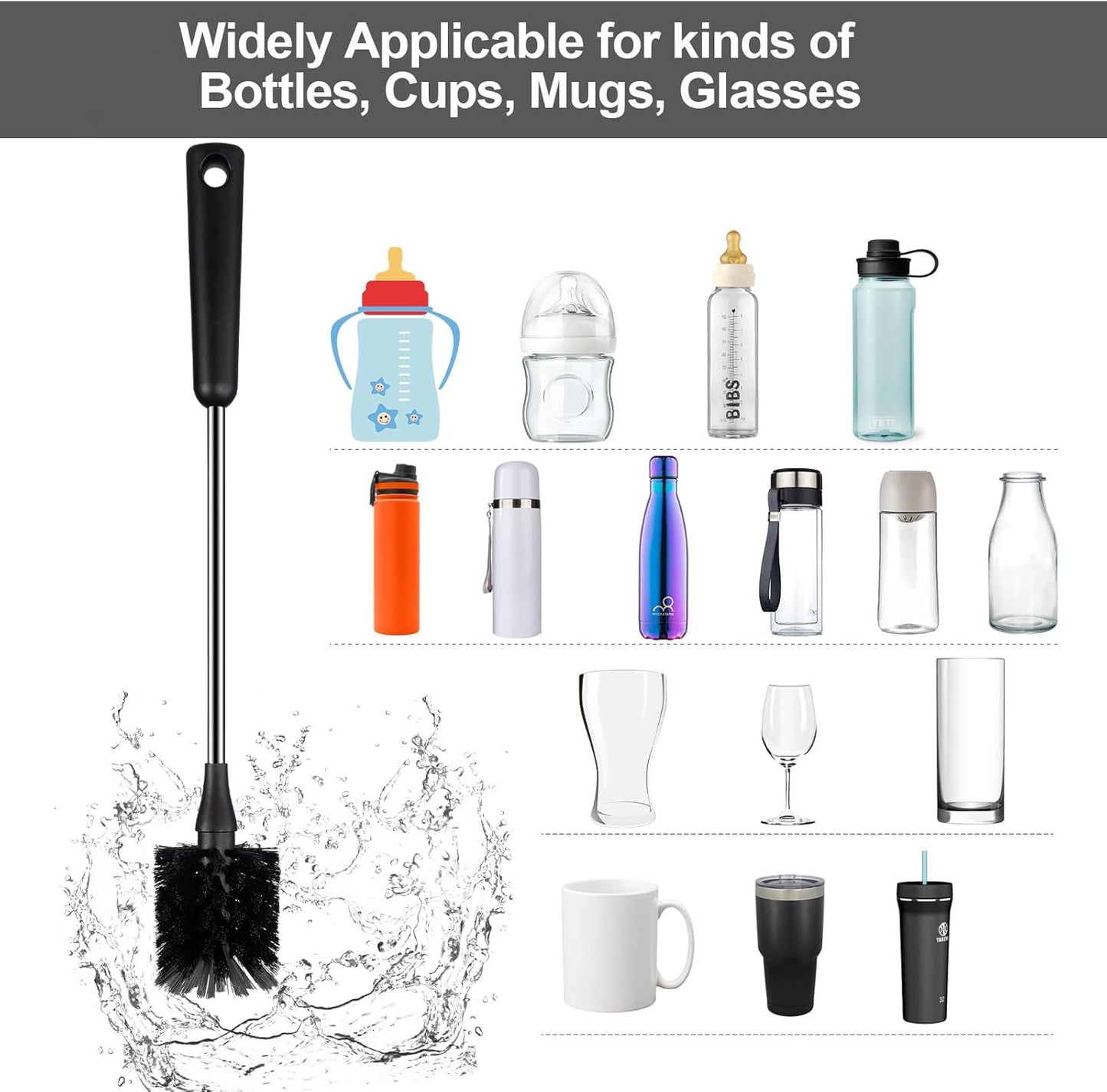 Skiennix Water Bottle Brush - 15-Inch Stainless Steel Handle Cleaner for Cups, Tumblers & Decanters - Black