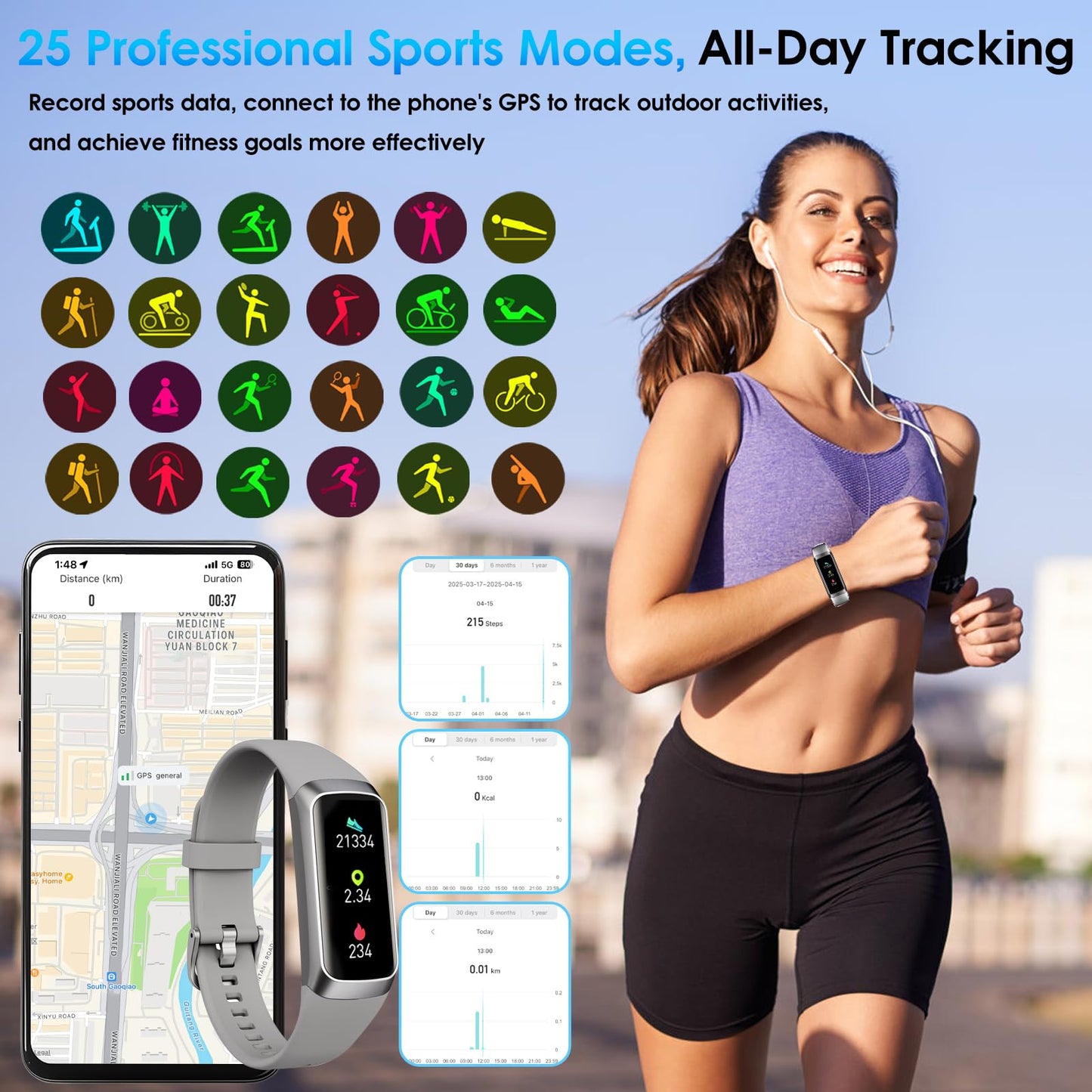 Fitness Tracker, 24/7 Heart Rate Blood Oxygen Blood Pressure Body Temp Monitor Sleep Calorie Tracker with 1.1" AMOLED Touch Color Screen Pedometer Smart Watch Waterproof for Women Men (Silver Gray)