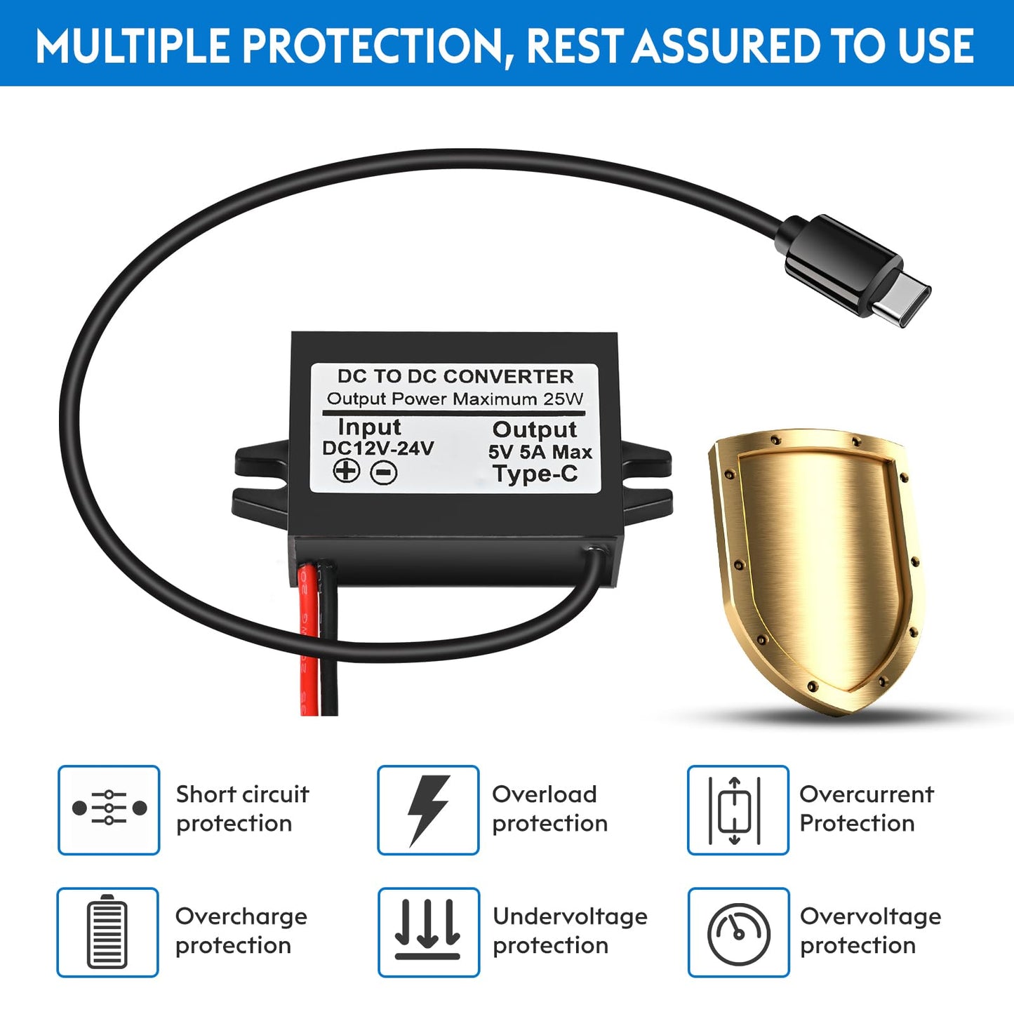 DC 12V/24V to 5V USB C 5A 25W Step Down Converter Type-C Interface Buck Module Waterproof Power Adapter