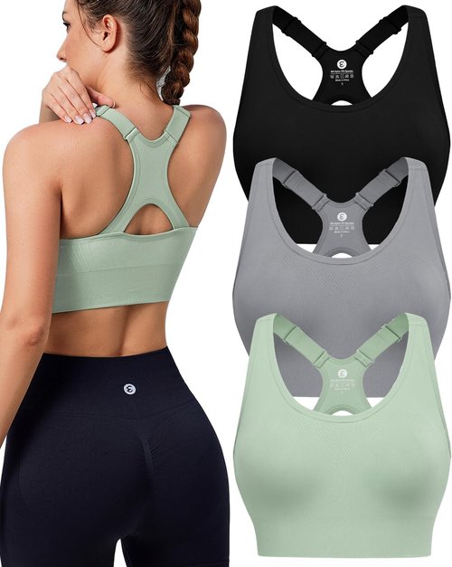 Evercute Racerback Sports Bras for Women - High Support, Seamless & Padded | 3-Pack Athletic Workout Bras