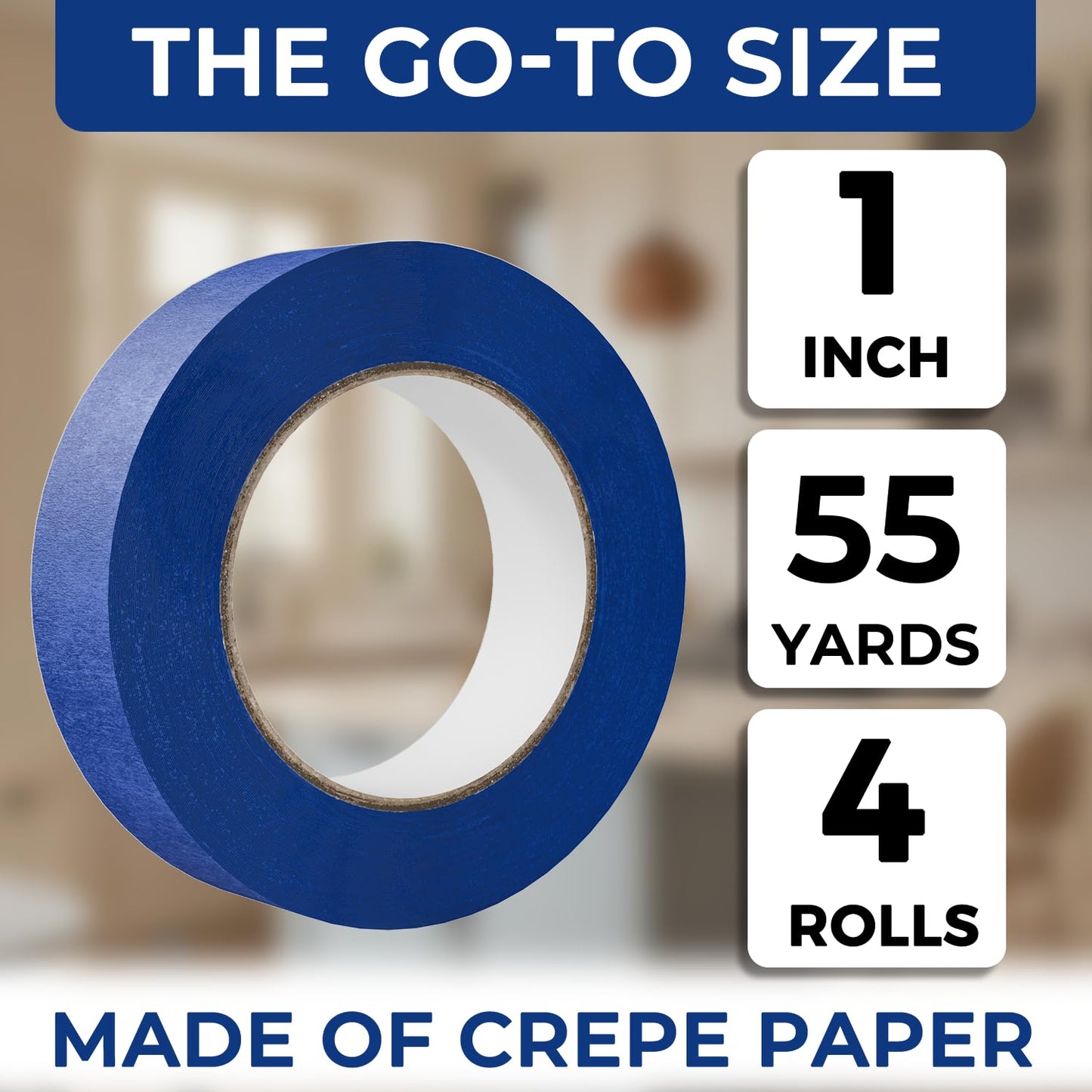 SWRT 1 Inch x 55 Yards x 4 Rolls (220 Total Yards) Premium Blue Painters Tape - Upgraded Adhesive Masking Tape, Paint Tape, Multi-Surface Blue Tape for Painting, No Residue, Easy Removal, Trim, Crafts