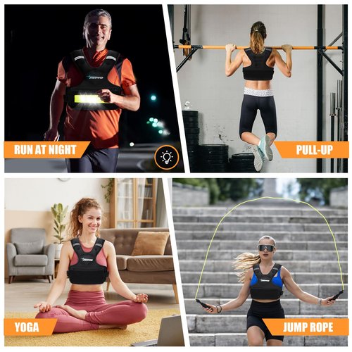 Adjustable Weighted Vest for Women Men, 6-15 Lbs/12-18 Lbs Rucking Vest with LED Light Strips, Weight Vest with 6 Ironsand Weights, and Zipper Pocket for Strength Training, Walking, Running Black
