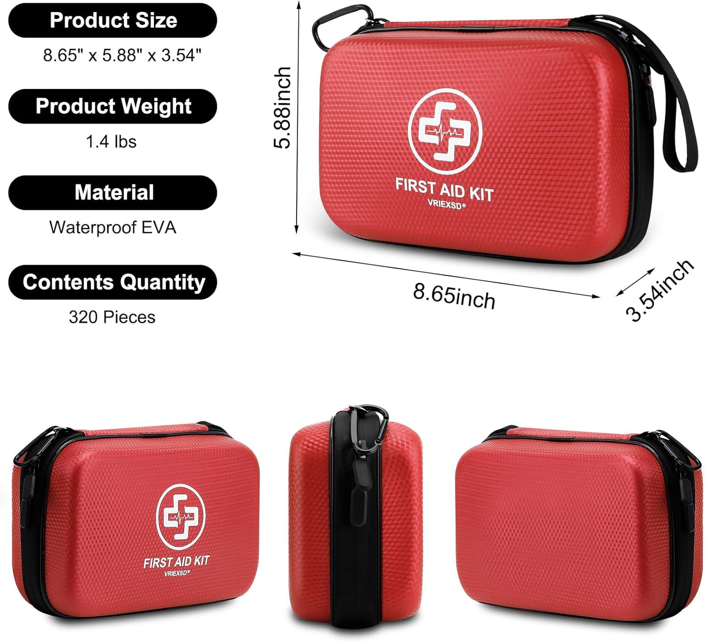 VRIEXSD Premium First Aid Kit - 320-Piece Waterproof Hard Shell for Home, Travel & Outdoor Emergencies | Red