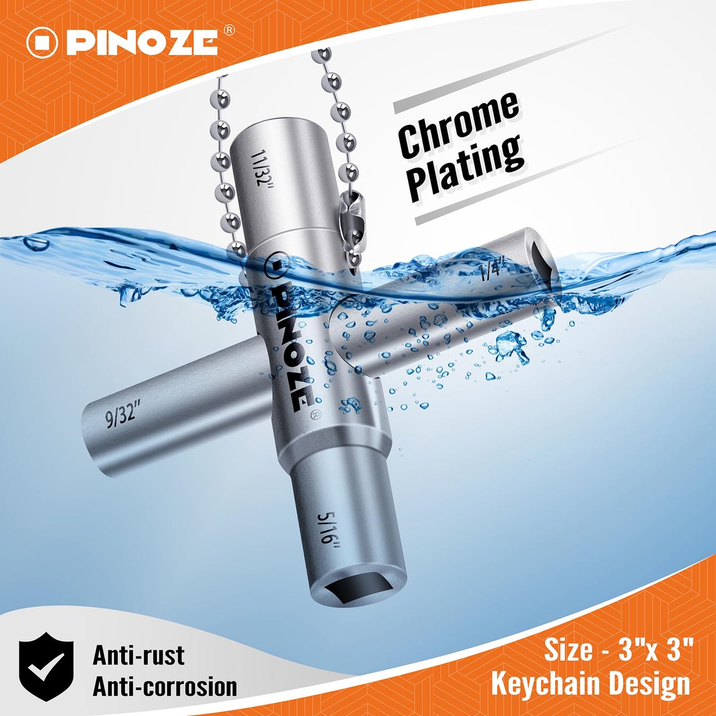 Pinoze 4 Way Sillcock Water Key, 1/4", 9/32", 5/16", 11/32", 2-Pack Steel Multi-Function Utility Key with Keychain for Sillcocks Faucets Valves Spigots, Silver & Black