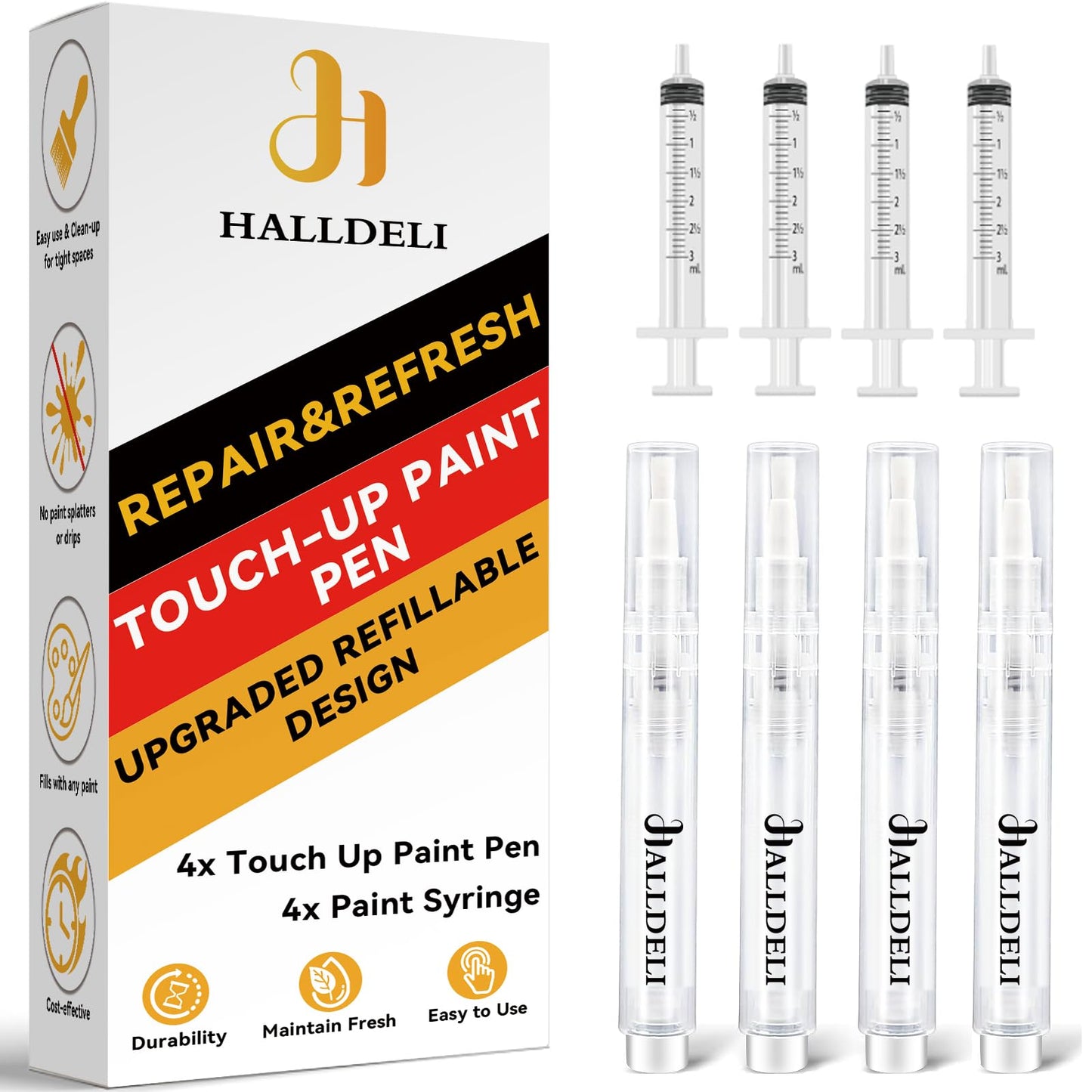 Fillable Touch Up Paint Pen Brush, 4 Pack User-Friendly Refillable Paint Pens, Multiple Applications Touch-Up Paint Brushes for Walls, Wood, Floor, Cabinets, Doors and Windows(8 Pcs Kit) (4 Pack)