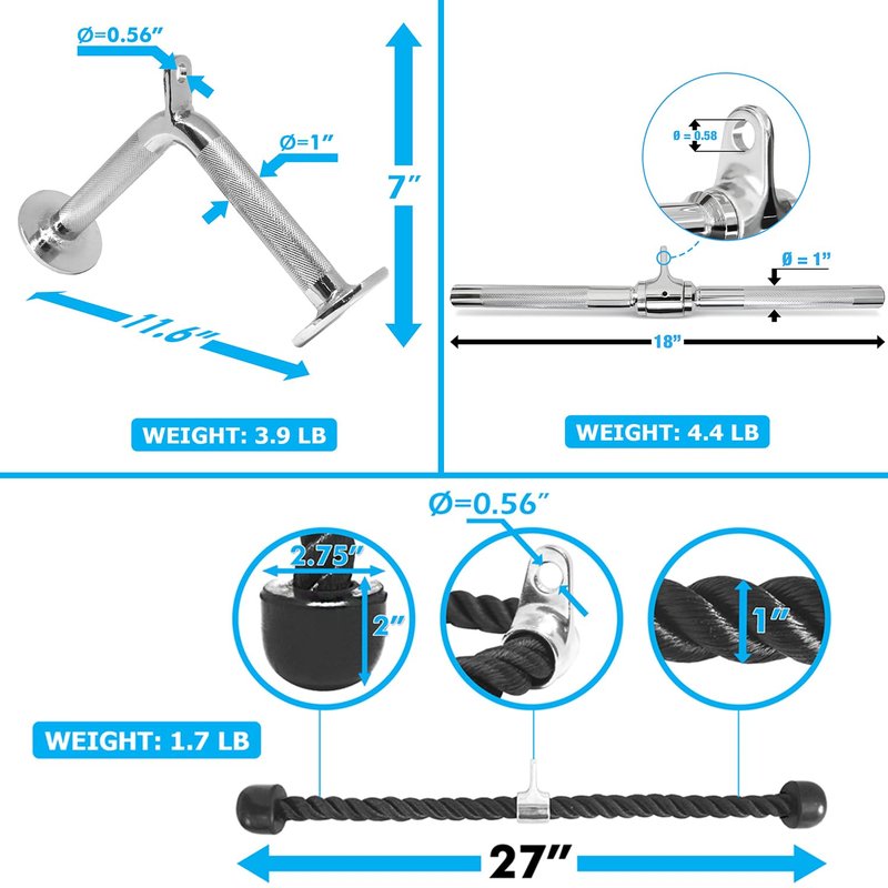 A2ZCARE Combo Cable Attachments for Gym, Cable Machine Accessories, LAT Pull Down Attachment with Multiple Option (D. Combo Tricep Rope, Rotating Bar, V-Bar and 2 Snap Hook)