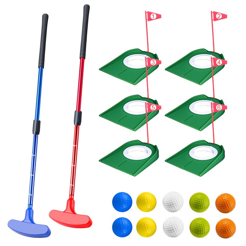 Shu-Ran Mini Putting Set, Build Your Own Course at Home, the Office or On the Green, Includes 6 Pack Golf Putting Cups with Flags, 2 Pack Mini Golf Clubs and 10 Pack Foam Golf Balls